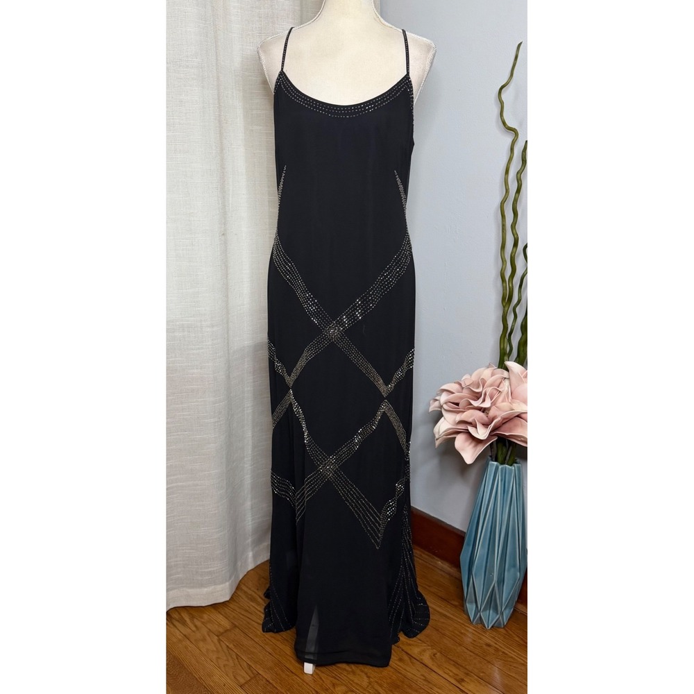 Y2K Sue Wong 100% Silk Beaded Lattice Maxi Dress Black Gown Women's Size 10